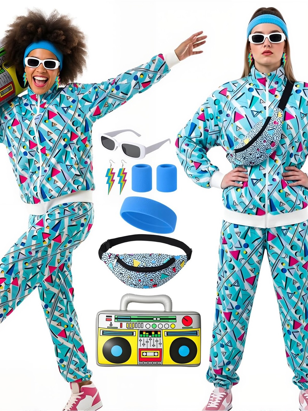 Women’s 80s or 90s Retro Tracksuit Costume 8 Piece Set L Neon Halloween Party